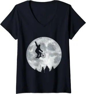 Womens YETI Riding Moon Bike Halloween Lunar Cycling Bigfoot V-Neck T-Shirt