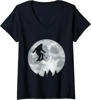 Womens YETI Riding Moon Bike Halloween Lunar Cycling Bigfoot V-Neck T-Shirt