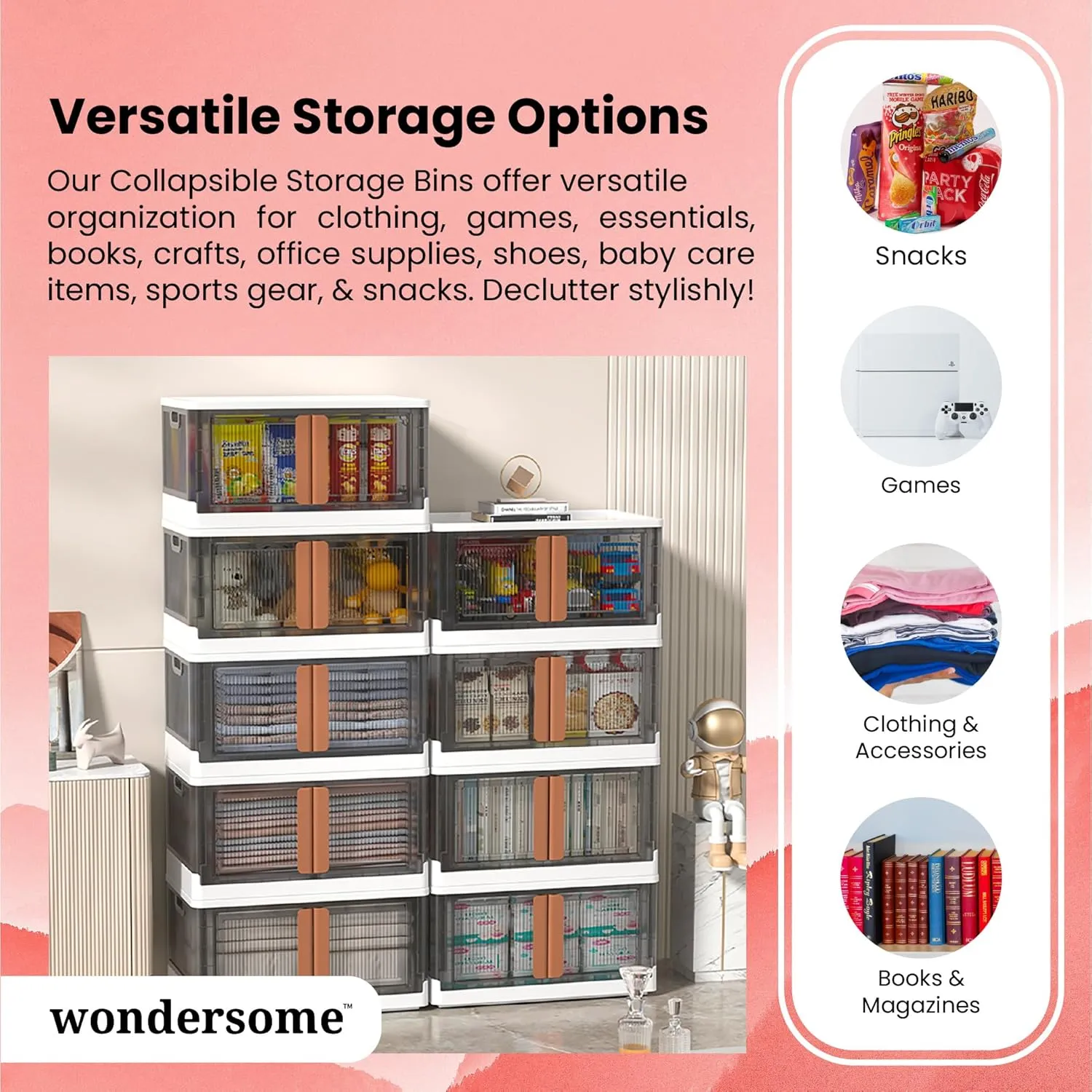 Wondersome Collapsible Storage Boxes - 15-Pack of Large 8.5-Gallon/33.8-Quart Stackable Wheeled Clothing, Shoe, Bedroom, Office Organizer - Assembles in Second - US-Based Brand