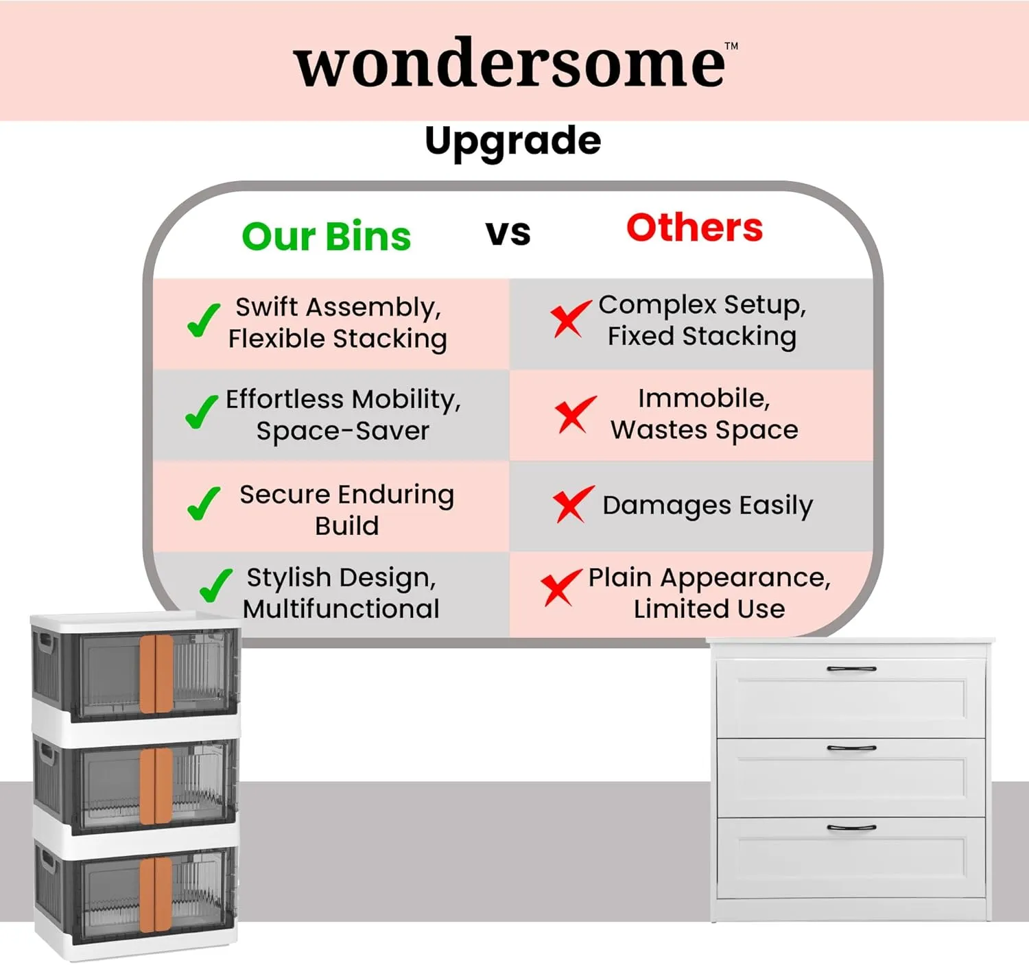 Wondersome Collapsible Storage Boxes - 15-Pack of Large 8.5-Gallon/33.8-Quart Stackable Wheeled Clothing, Shoe, Bedroom, Office Organizer - Assembles in Second - US-Based Brand