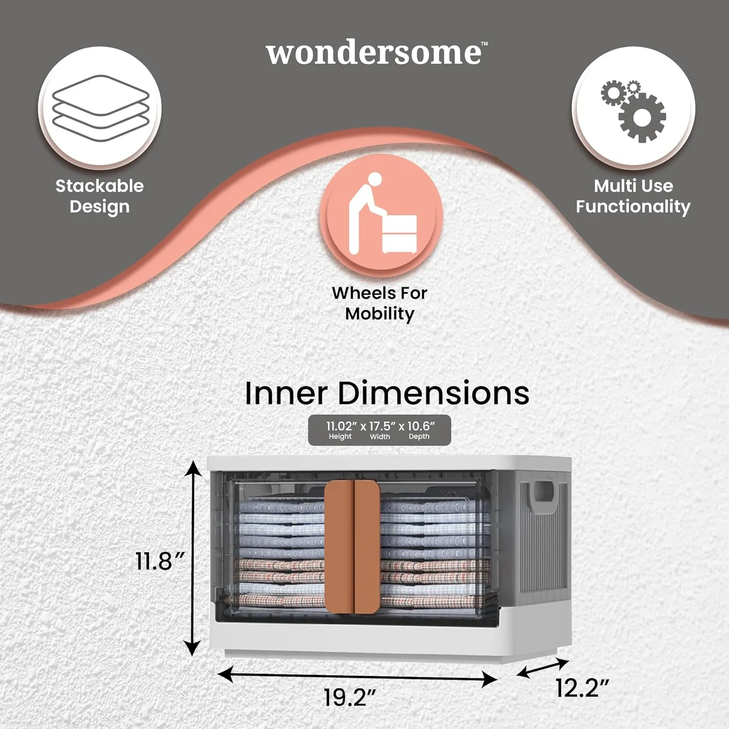 Wondersome Collapsible Storage Boxes - 15-Pack of Large 8.5-Gallon/33.8-Quart Stackable Wheeled Clothing, Shoe, Bedroom, Office Organizer - Assembles in Second - US-Based Brand