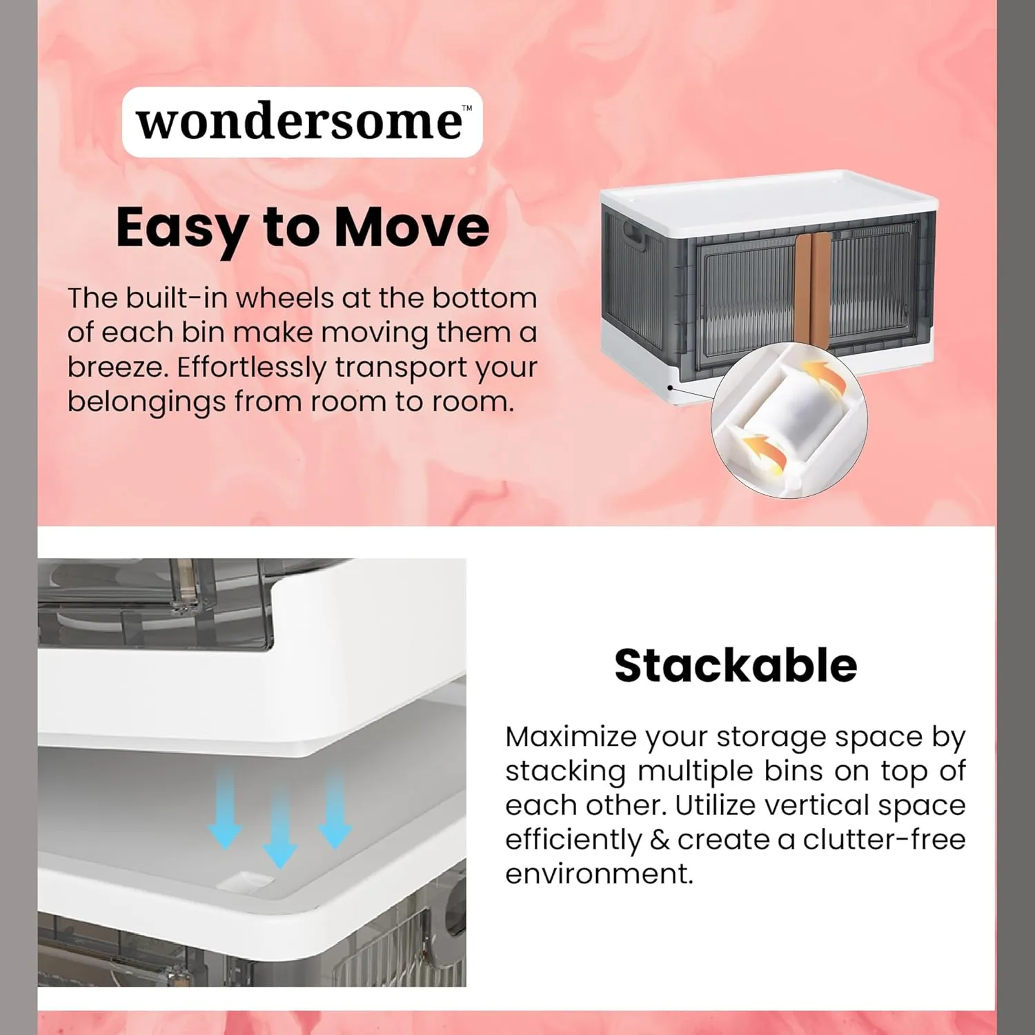 Wondersome Collapsible Storage Boxes - 15-Pack of Large 8.5-Gallon/33.8-Quart Stackable Wheeled Clothing, Shoe, Bedroom, Office Organizer - Assembles in Second - US-Based Brand