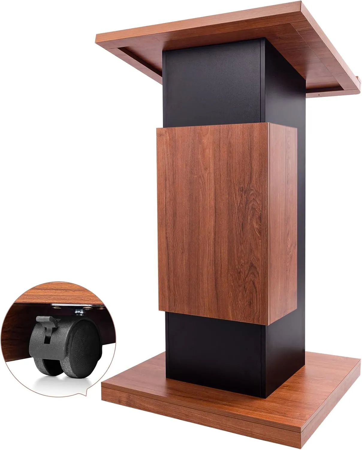 Wood Podium Stand with 4 Lockable Wheels，44.6“ Wooden Lectern with Storage，Wooden Standing Pulpit with Wire Hole for Church Office School Home Conference Restaurant Meeting Auditorium
