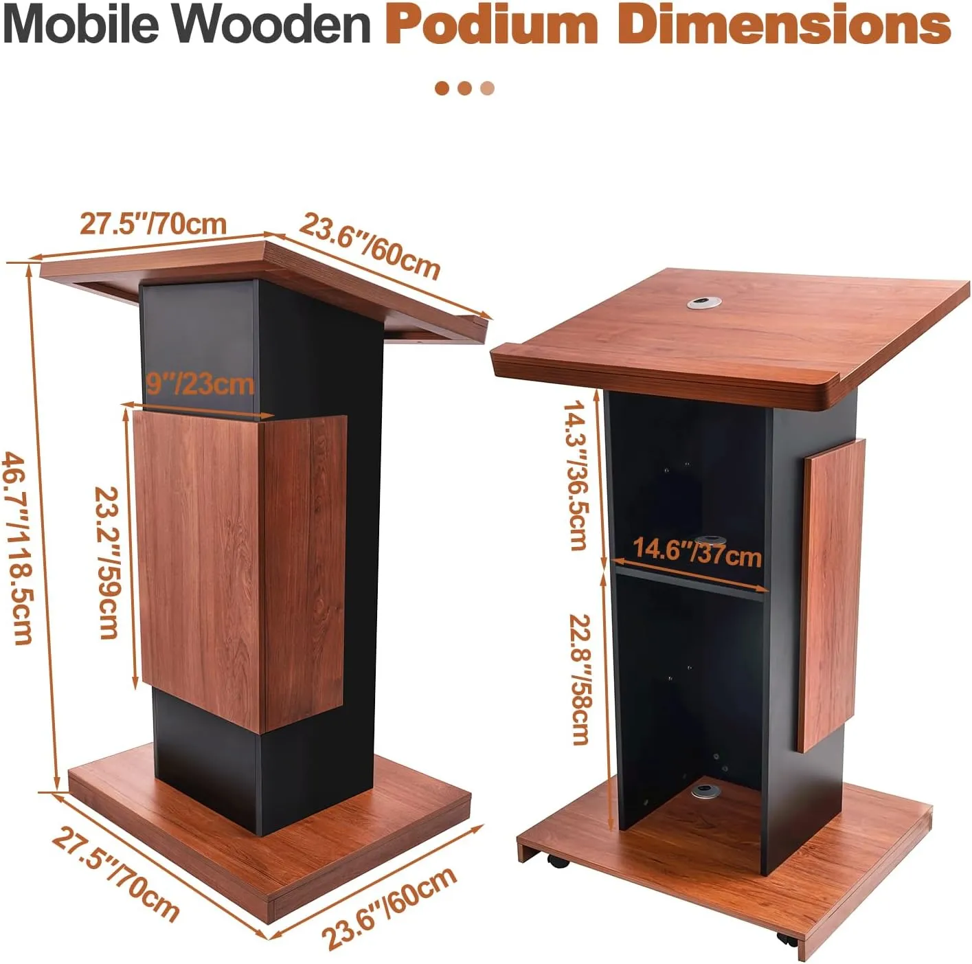 Wood Podium Stand with 4 Lockable Wheels，44.6“ Wooden Lectern with Storage，Wooden Standing Pulpit with Wire Hole for Church Office School Home Conference Restaurant Meeting Auditorium