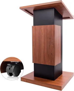 Wood Podium Stand with 4 Lockable Wheels，44.6“ Wooden Lectern with Storage，Wooden Standing Pulpit with Wire Hole for Church Office School Home Conference Restaurant Meeting Auditorium