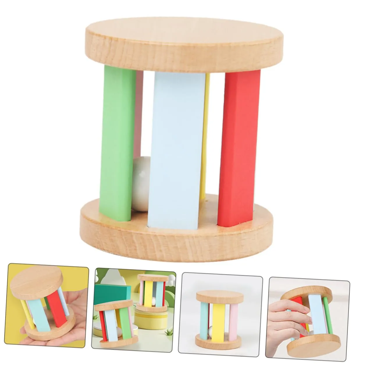 Yardwe Wooden Hand Rattle Roller Musical Early Educational for Boy Girl Promotes Grasping Vision Hearing Present for Boy Girl