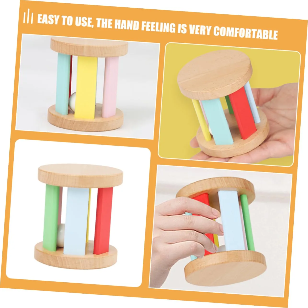 Yardwe Wooden Hand Rattle Roller Musical Early Educational for Boy Girl Promotes Grasping Vision Hearing Present for Boy Girl