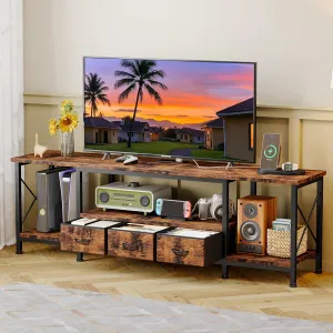 YGEOMER TV Stand for 75 Inch TV Entertainment Center with Power Outlets TV Console Table deepen with Fabric Drawers Metal Frame Storage Shelves and for Living Room, Bedroom 63" Rustic Brown