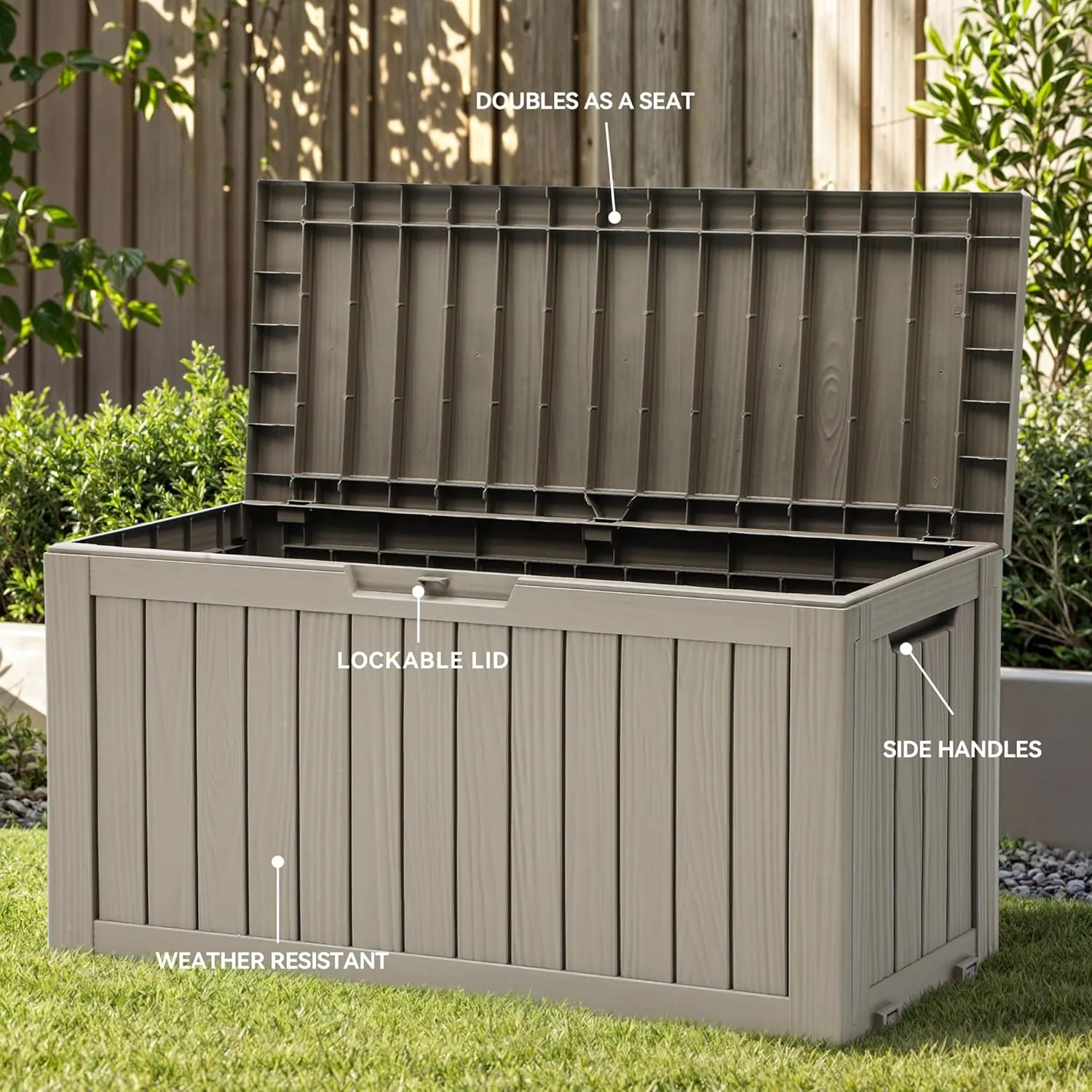 YITAHOME 72 Gallon Outdoor Storage Box w/Wheels, Resin Deck Box Indoor & Outdoor Patio Storage Box for Throw Pillows, Athletic Gear, Yard Implements (Light Brown)