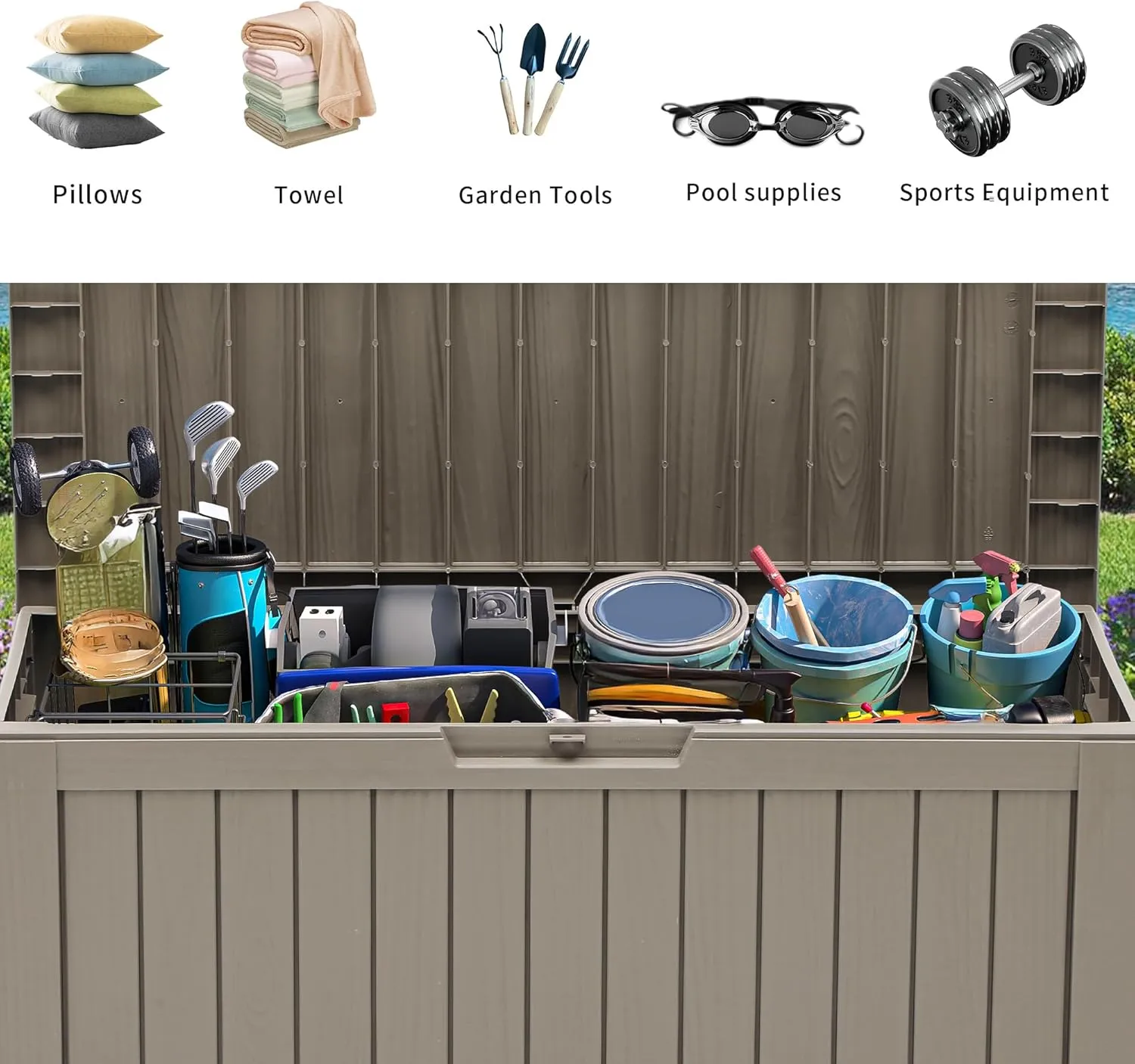 YITAHOME 72 Gallon Outdoor Storage Box w/Wheels, Resin Deck Box Indoor & Outdoor Patio Storage Box for Throw Pillows, Athletic Gear, Yard Implements (Light Brown)