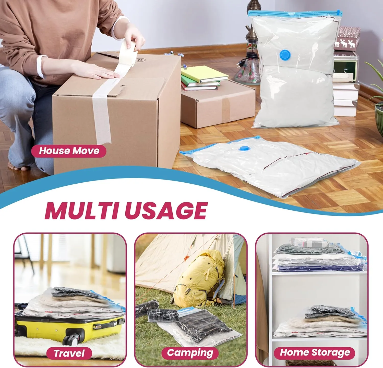 YSSOA 25 Pack Space Saver Bags (5 Jumbo/5 Large/5 Medium/5 Small/5 Roll M) 80% Space Saver Bags with Travelling Pump for Quilts and Blankets Storage