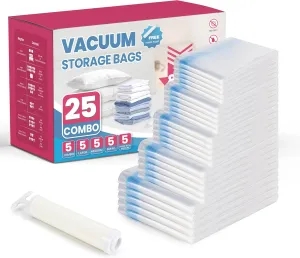 YSSOA 25 Pack Space Saver Bags (5 Jumbo/5 Large/5 Medium/5 Small/5 Roll M) 80% Space Saver Bags with Travelling Pump for Quilts and Blankets Storage