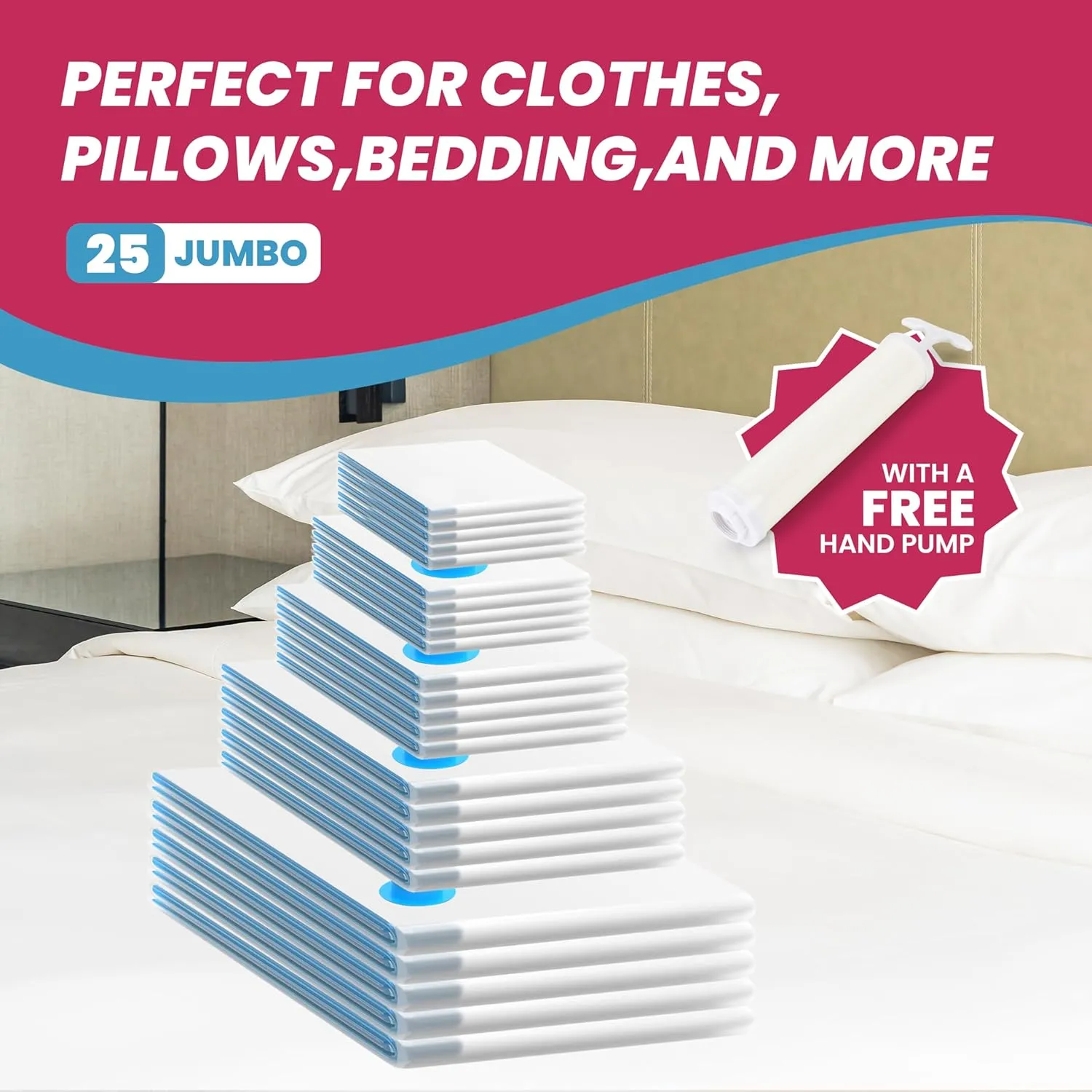 YSSOA 25 Pack Space Saver Bags (5 Jumbo/5 Large/5 Medium/5 Small/5 Roll M) 80% Space Saver Bags with Travelling Pump for Quilts and Blankets Storage