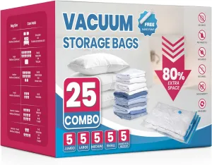 YSSOA Vacuum Storage Bags, 25-Pack Space Saver Vacuum Storage Bags, Vacuum Seal Bags for Clothing, Clothes, Comforters and Blankets Clear