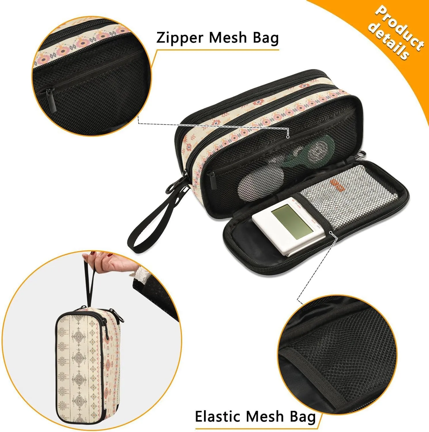 ZAZYXTJ Western Aztec Large Capacity Pencil Case 3 Compartment Pen Pouch Storage Canvas Makeup Bag for School Office Teen Girl Boy Men Women