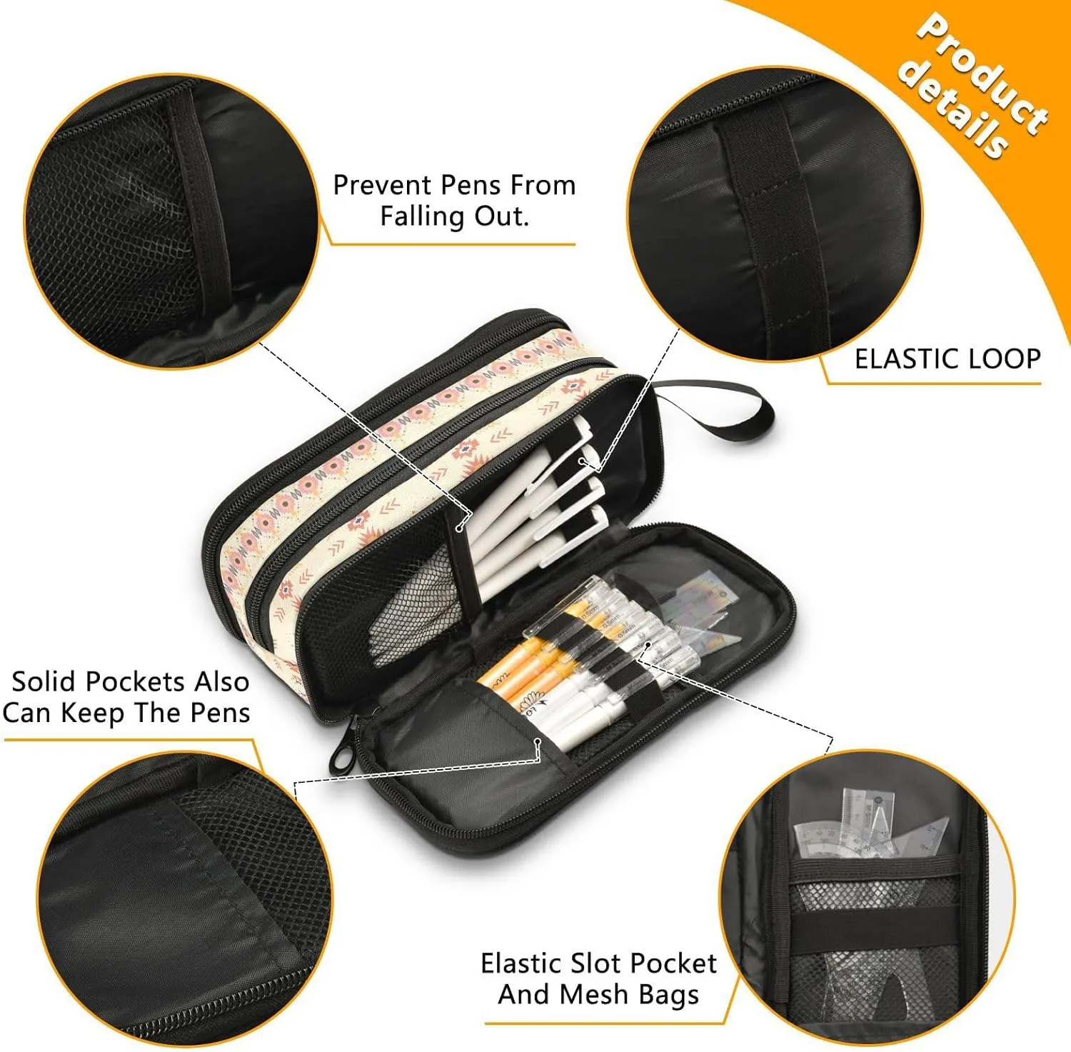 ZAZYXTJ Western Aztec Large Capacity Pencil Case 3 Compartment Pen Pouch Storage Canvas Makeup Bag for School Office Teen Girl Boy Men Women