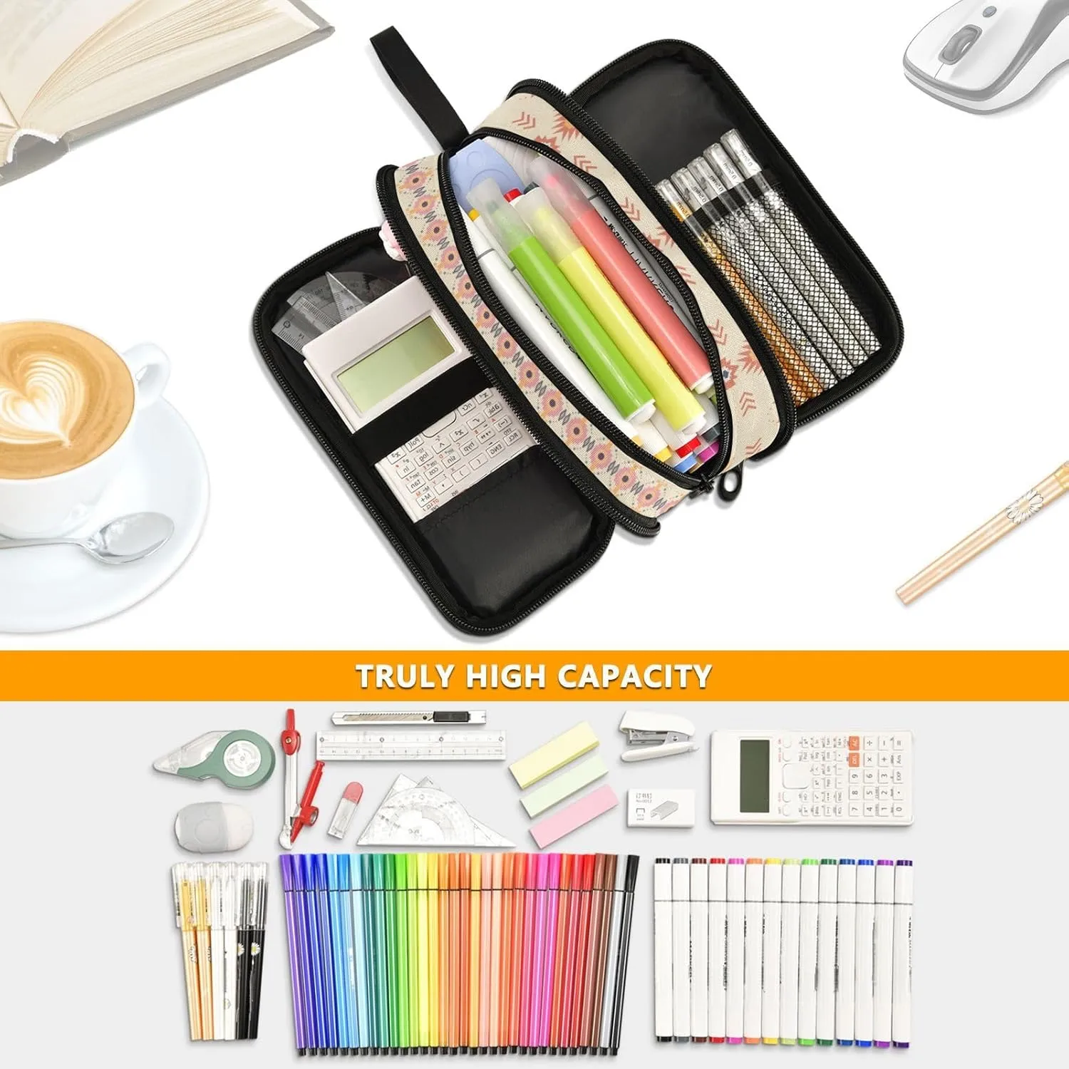 ZAZYXTJ Western Aztec Large Capacity Pencil Case 3 Compartment Pen Pouch Storage Canvas Makeup Bag for School Office Teen Girl Boy Men Women